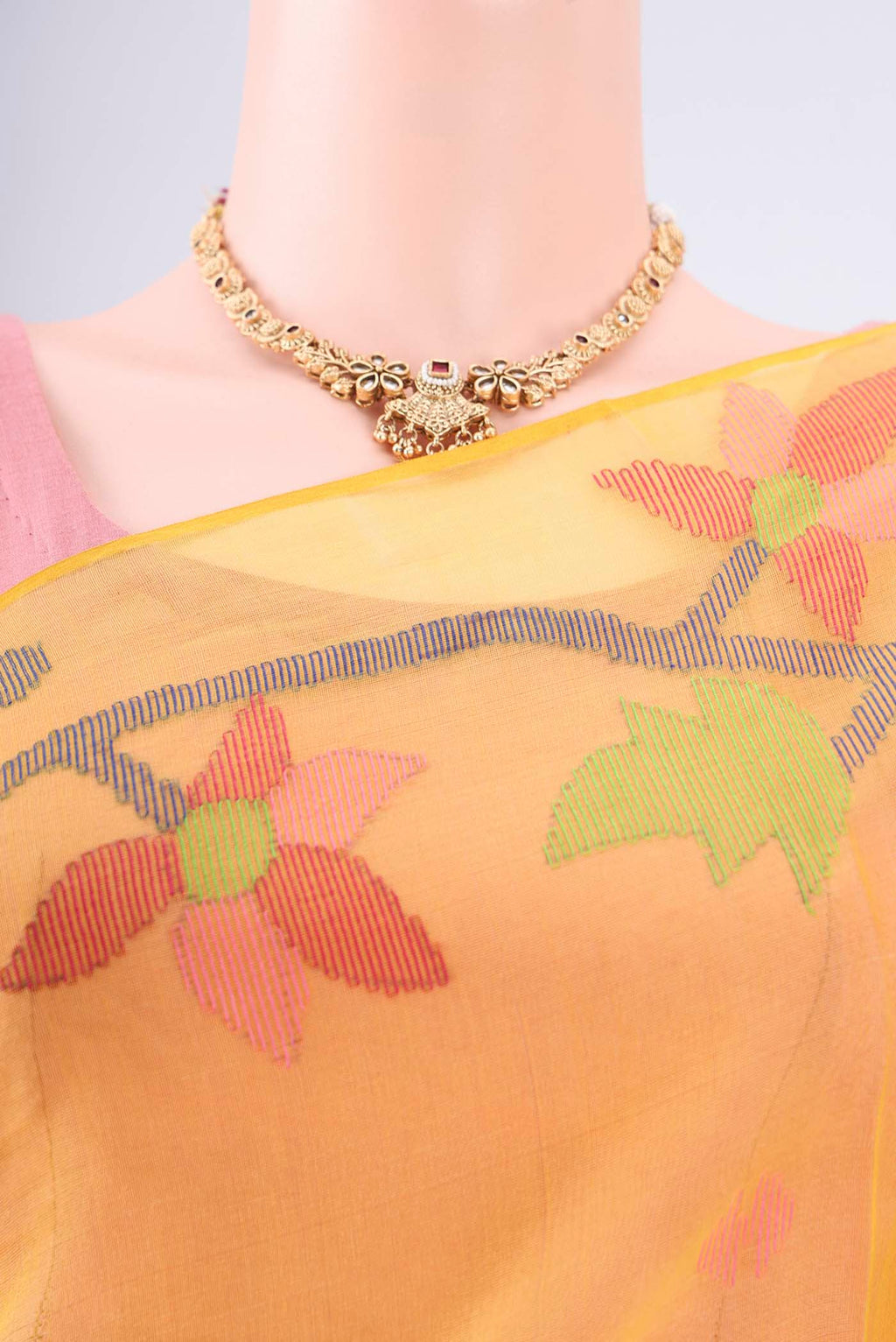Border image of Yellow Kora Silk Saree with Jamdani on the body and Plain Border. 