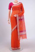 Orange Maheshwari Silk Cotton Saree with Plain Body and Thread Border.  displayed on a mannequin