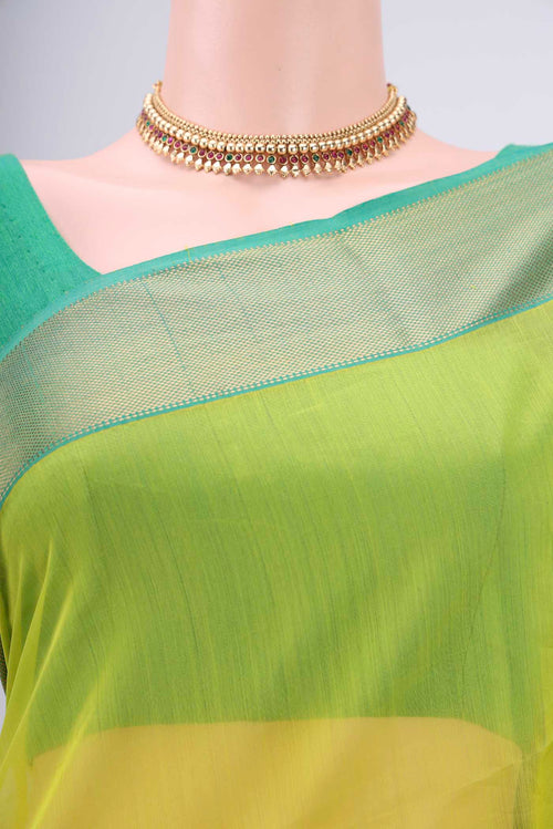 Border image of Acid Green Maheshwari Silk Cotton Saree with Plain Body and Zari Border. 