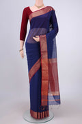 Purple Maheshwari Silk Cotton Saree with Stripes on the body and Zari Border.  displayed on a mannequin