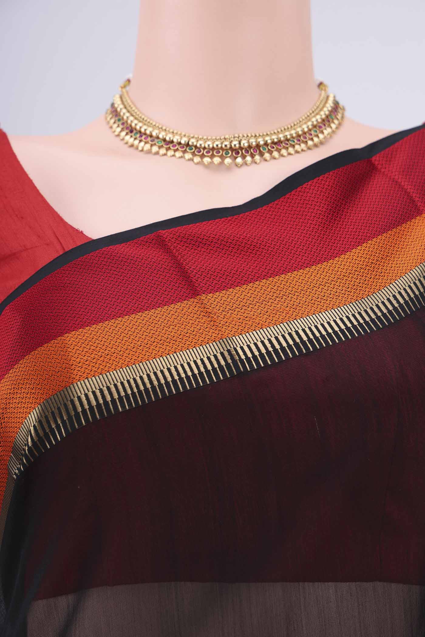 Border image of Black Maheshwari Silk Cotton Saree with Plain Body and Zari And Thread Border. 