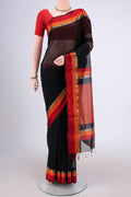 Black Maheshwari Silk Cotton Saree with Plain Body and Zari And Thread Border.  displayed on a mannequin