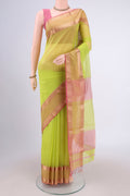 Parrot Green Maheshwari Silk Cotton Saree with Plain Body and Zari Border.  displayed on a mannequin