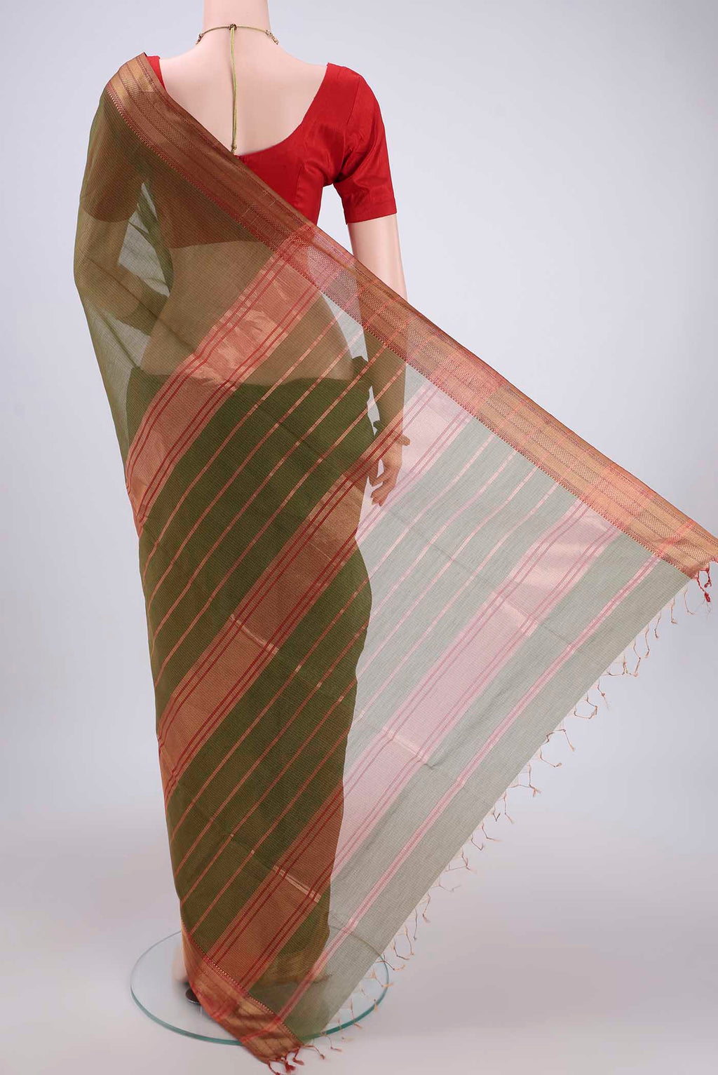 Flat view of Mehandi Green Maheshwari Silk Cotton Saree with Stripes on the body and Zari Border. 