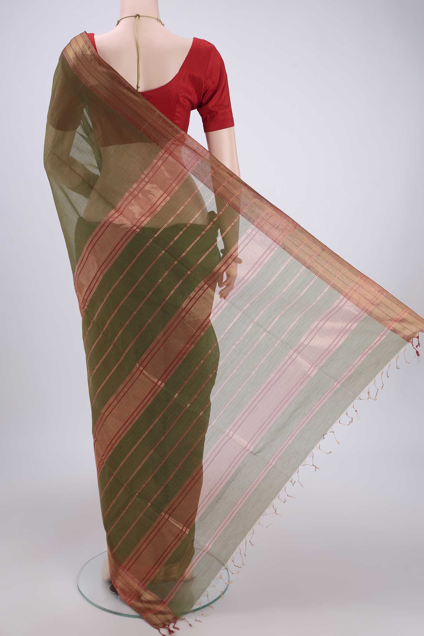 Flat view of Mehandi Green Maheshwari Silk Cotton Saree with Stripes on the body and Zari Border. 