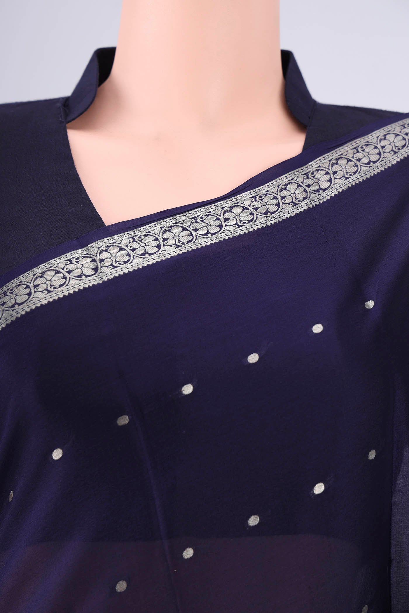 Border image of Navy Blue Mysore Crepe Saree with Zari Butta on the body and Zari Border. 