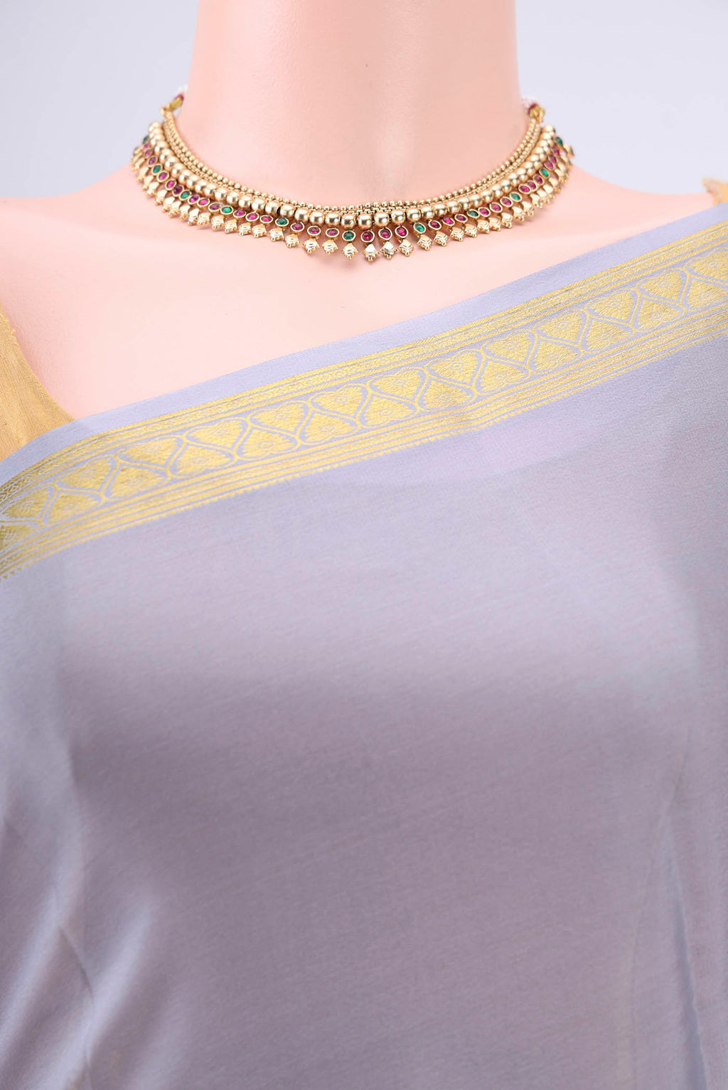 Border image of Blue Grey Mysore Crepe Saree with Plain Body and Zari Border. 