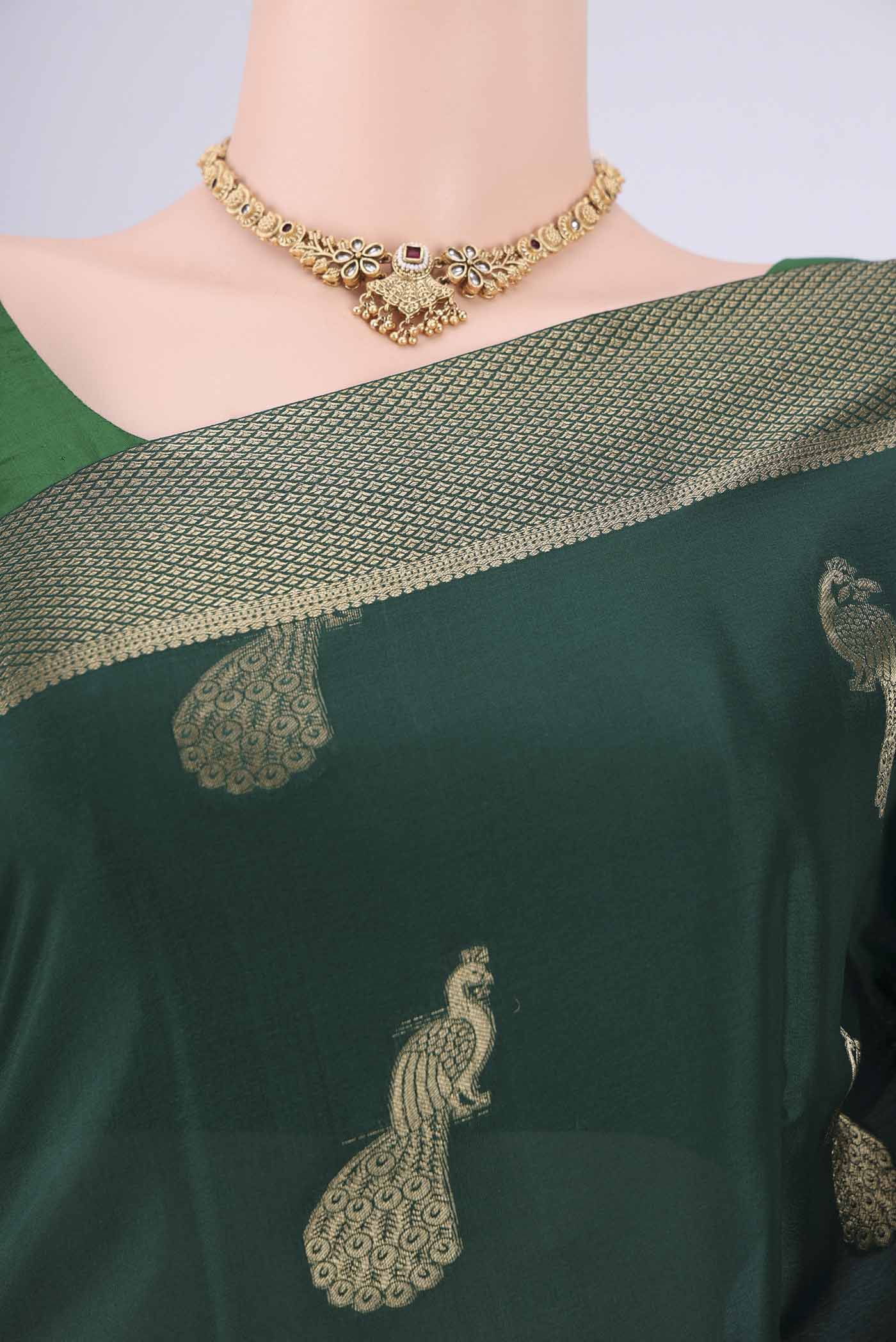 Border image of Bottle Green Mysore Crepe Saree with Plain Body and Zari Border. 
