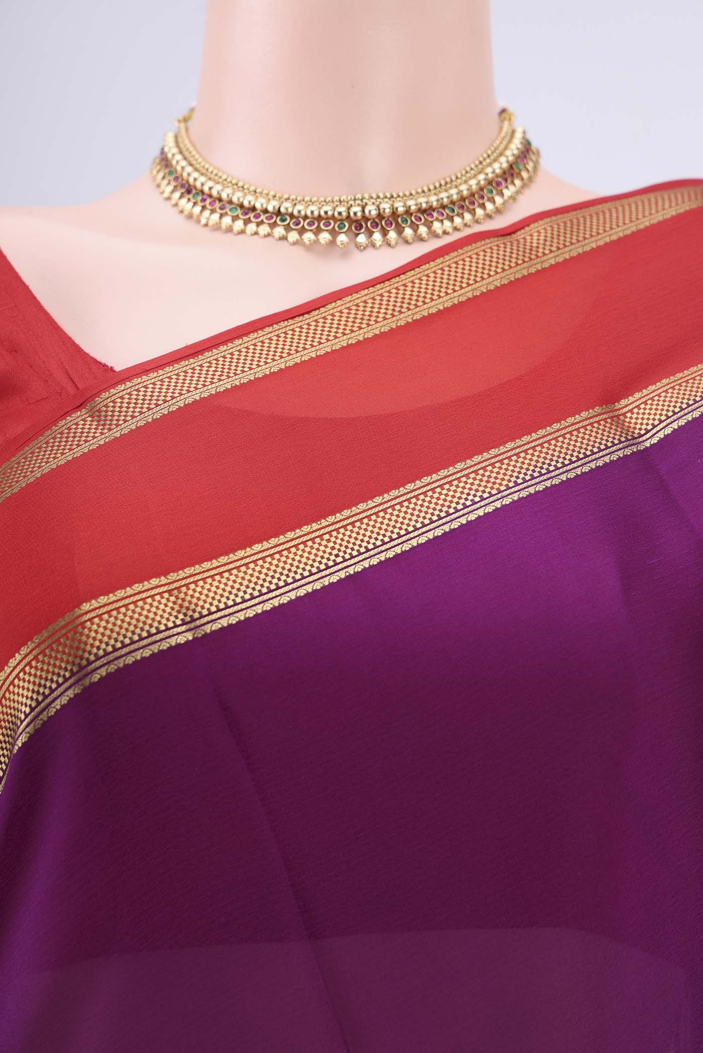 Border image of Purple Mysore Crepe Saree with Plain Body and Zari Border. 