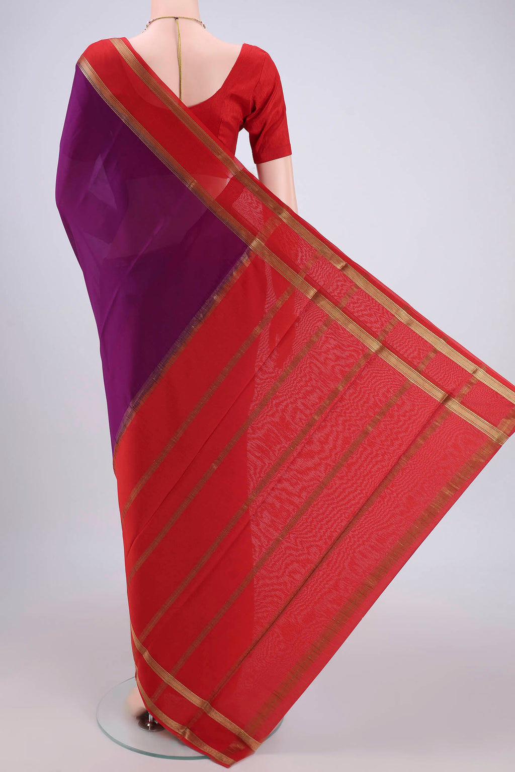 Flat view of Purple Mysore Crepe Saree with Plain Body and Zari Border. 
