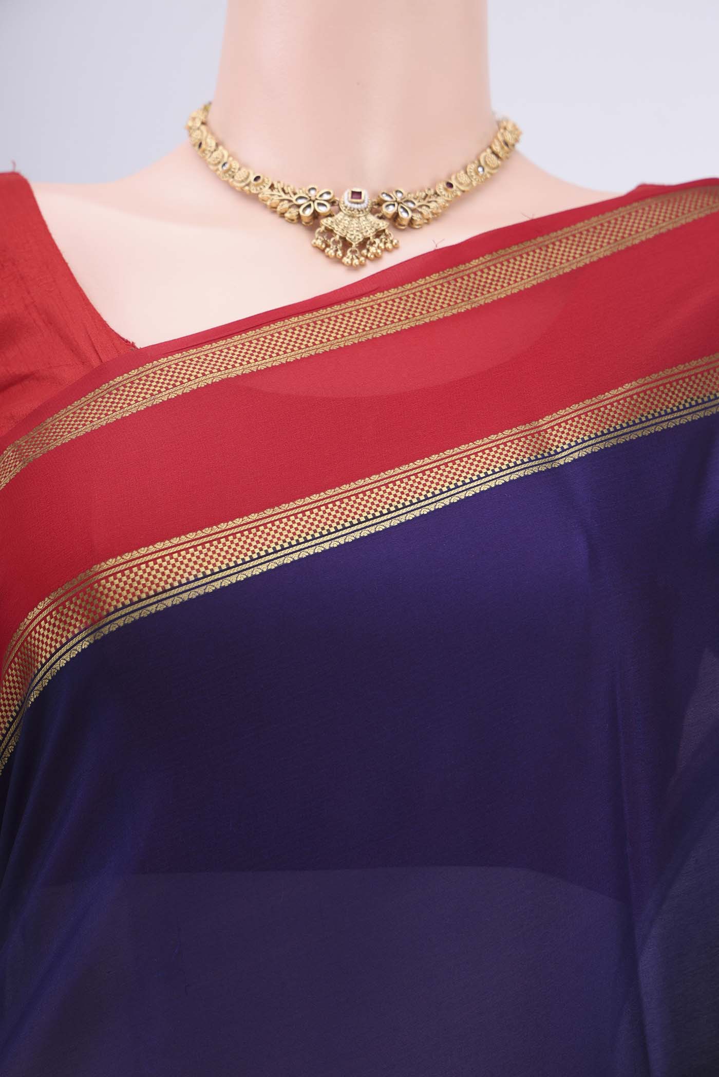 Border image of Navy Blue Mysore Crepe Saree with Plain Body and Zari Border. 