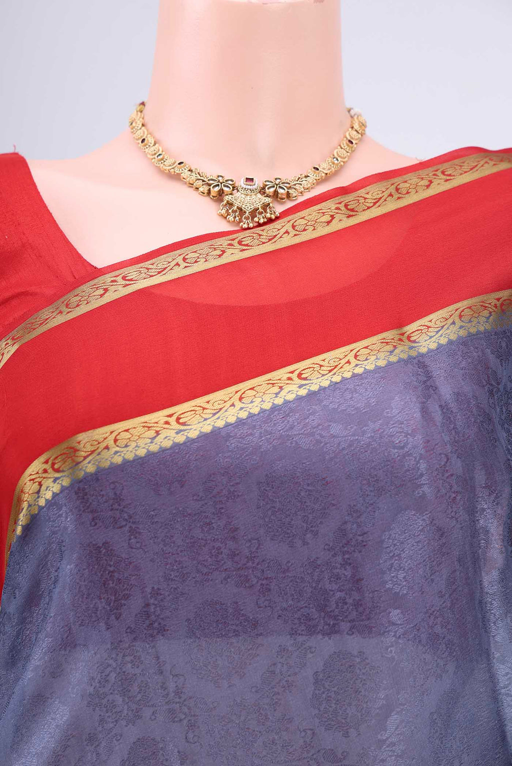 Border image of Grey Mysore Crepe Saree with Jacquard design on the body and Zari Border. 