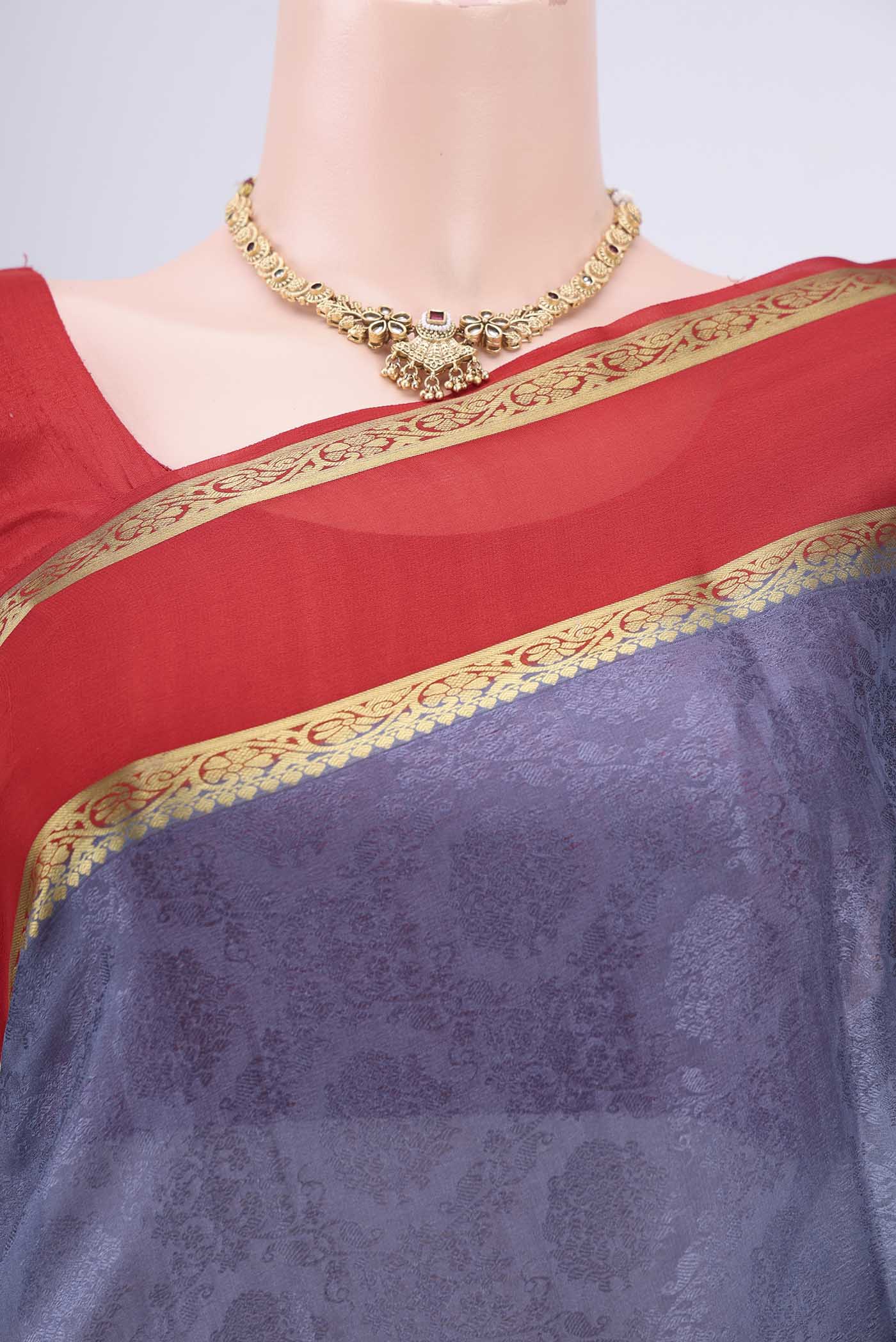 Border image of Grey Mysore Crepe Saree with Jacquard design on the body and Zari Border. 