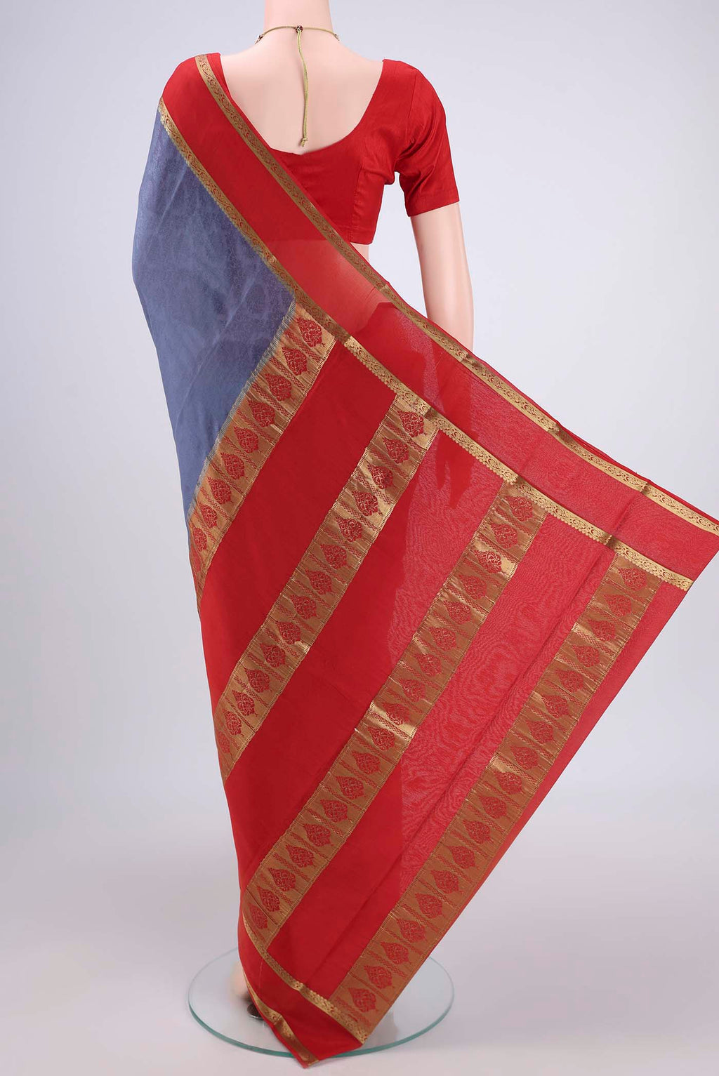 Flat view of Grey Mysore Crepe Saree with Jacquard design on the body and Zari Border. 