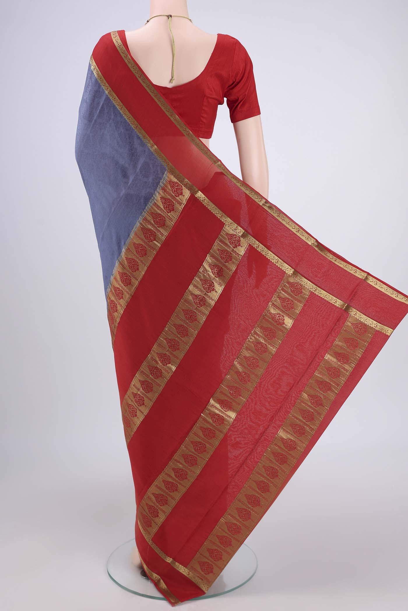 Flat view of Grey Mysore Crepe Saree with Jacquard design on the body and Zari Border. 