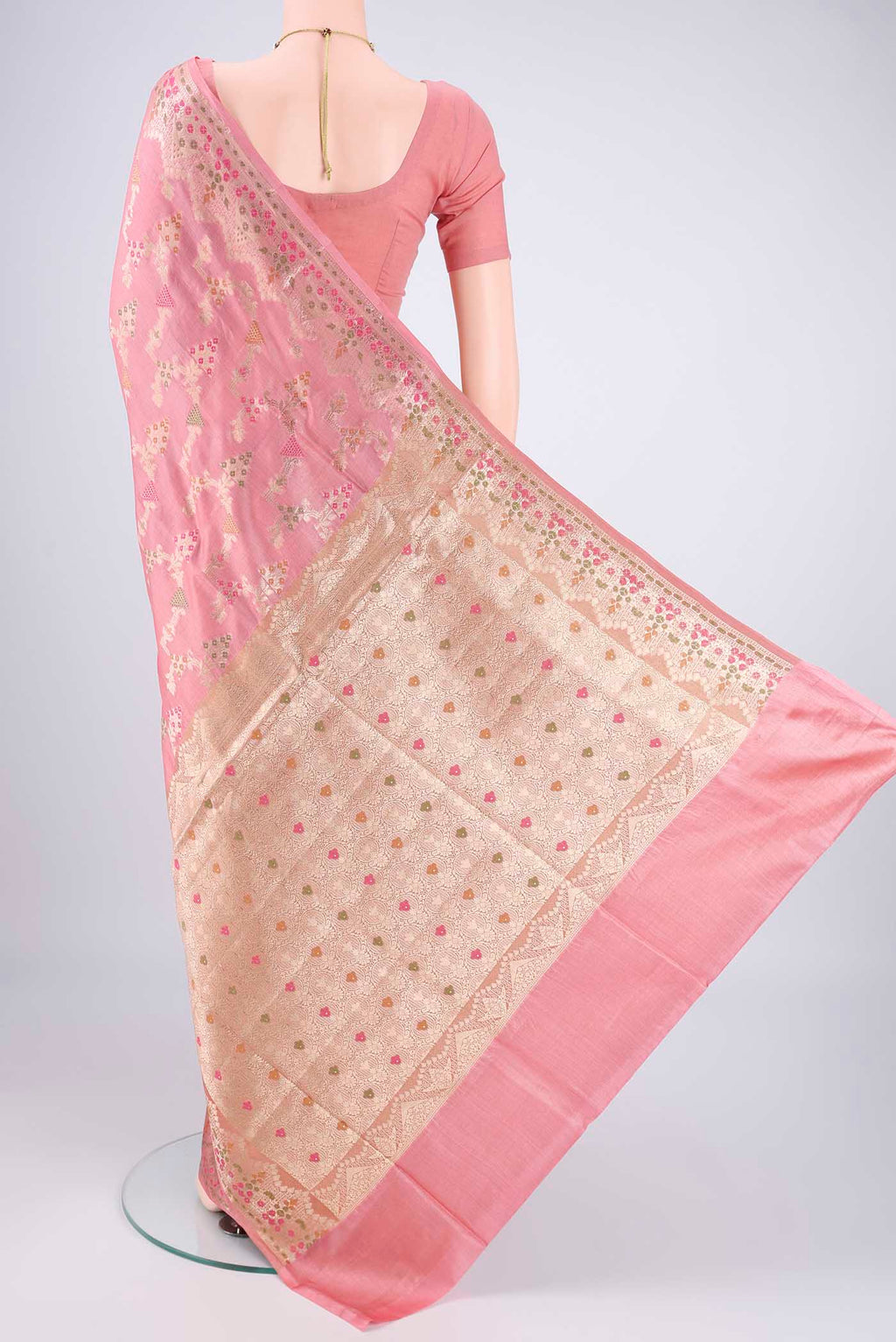 Flat view of Peach Banarasi Tussar Silk Saree with Zari And Thread Butta on the body and Zari Border. 