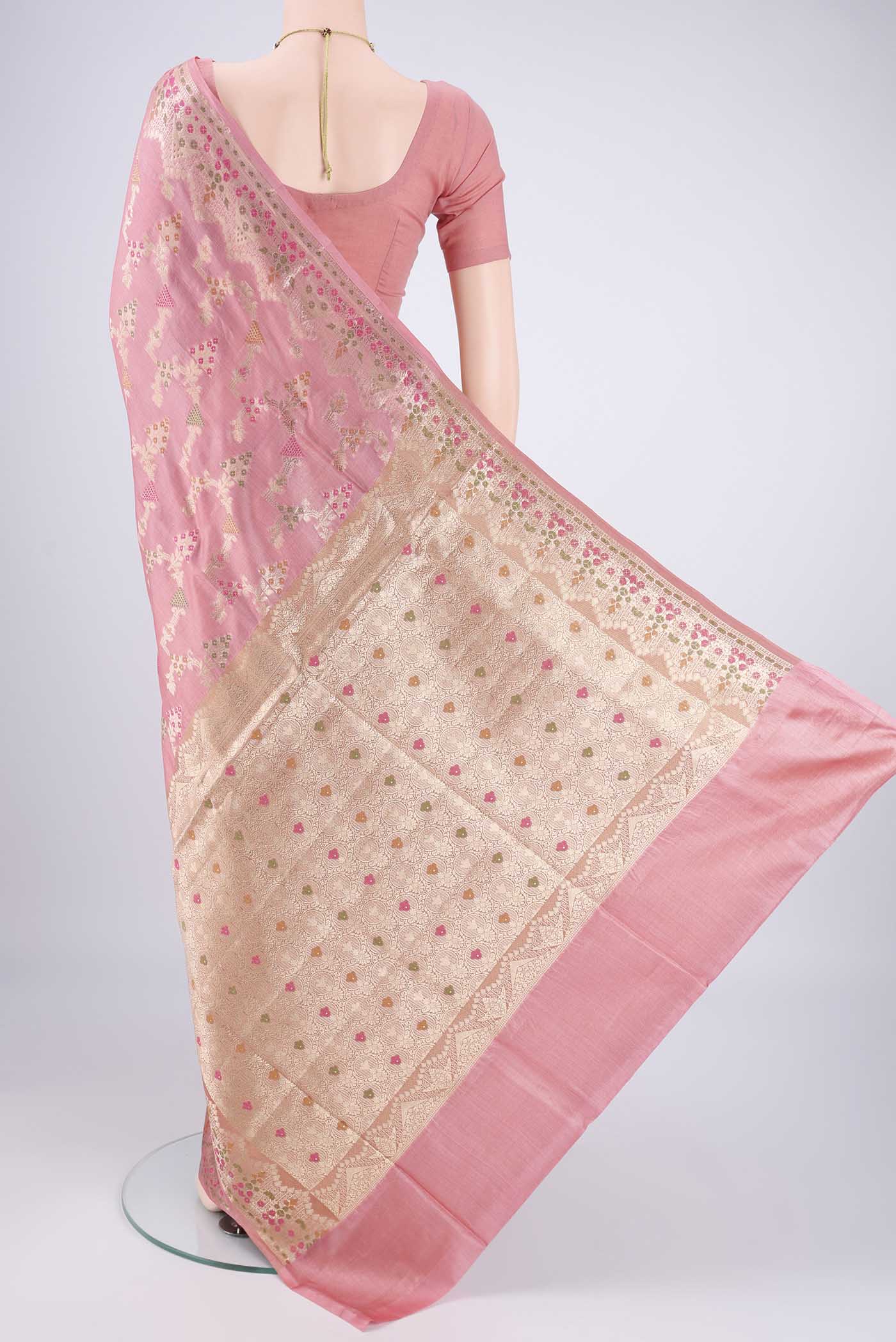 Flat view of Peach Banarasi Tussar Silk Saree with Zari And Thread Butta on the body and Zari Border. 