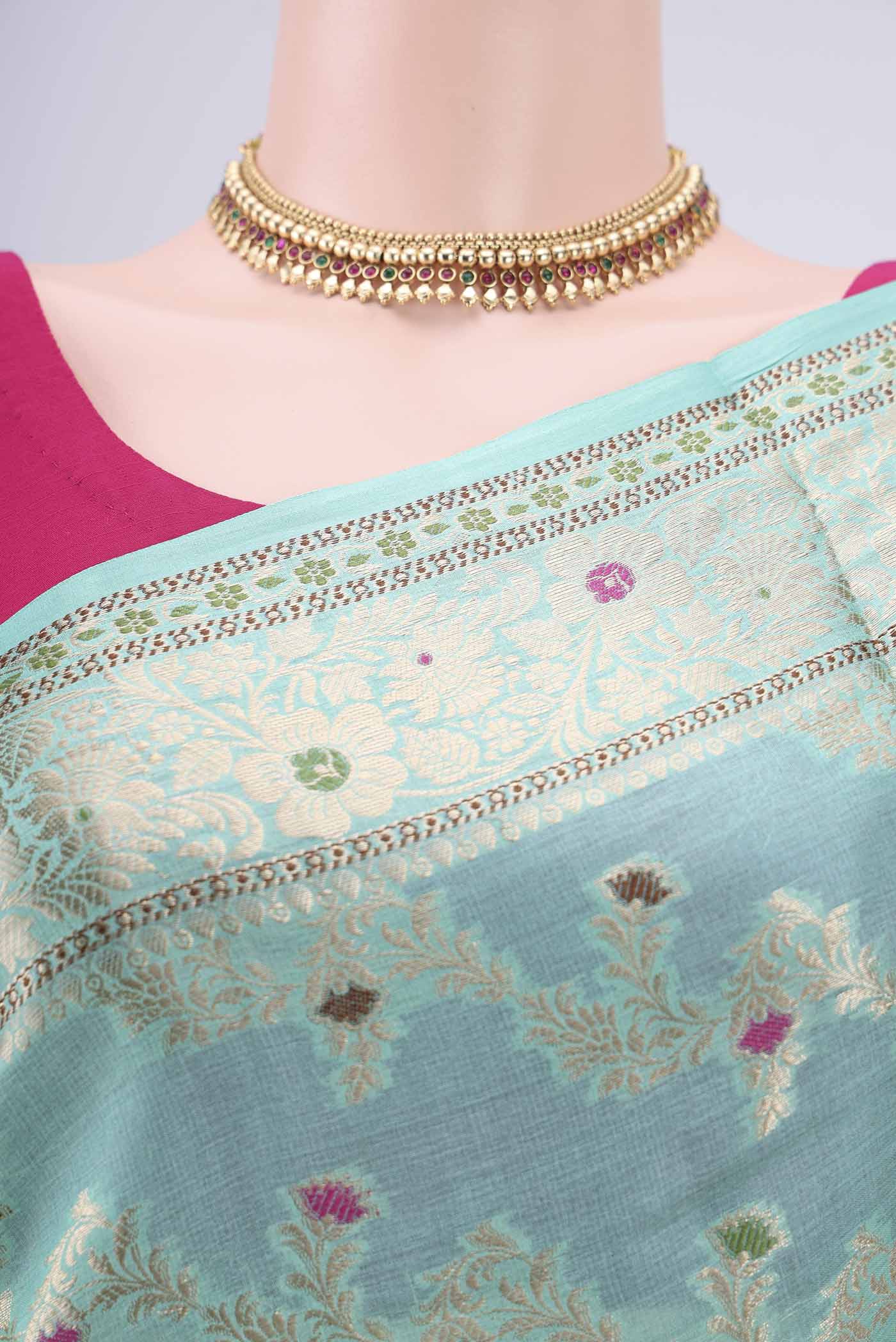 Border image of Mint Green Banarasi Tussar Silk Saree with Zari And Thread Butta on the body and Zari And Thread Border. 