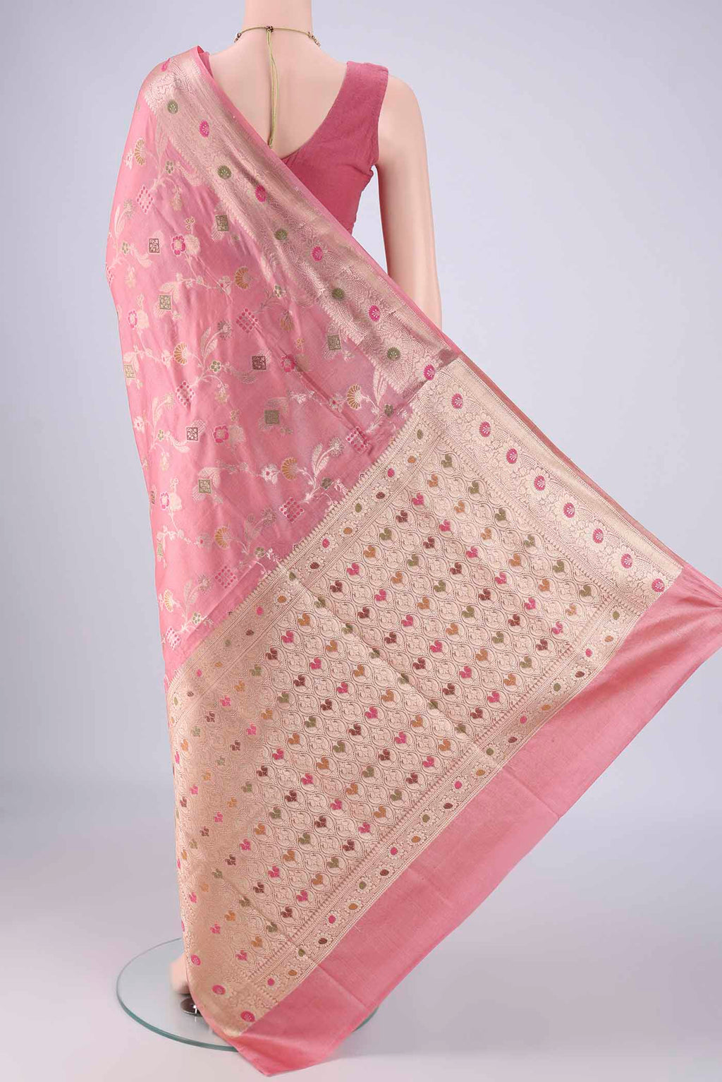 Flat view of Rose pink Banarasi Tussar Silk Saree with Zari And Thread Butta on the body and Zari Border. 
