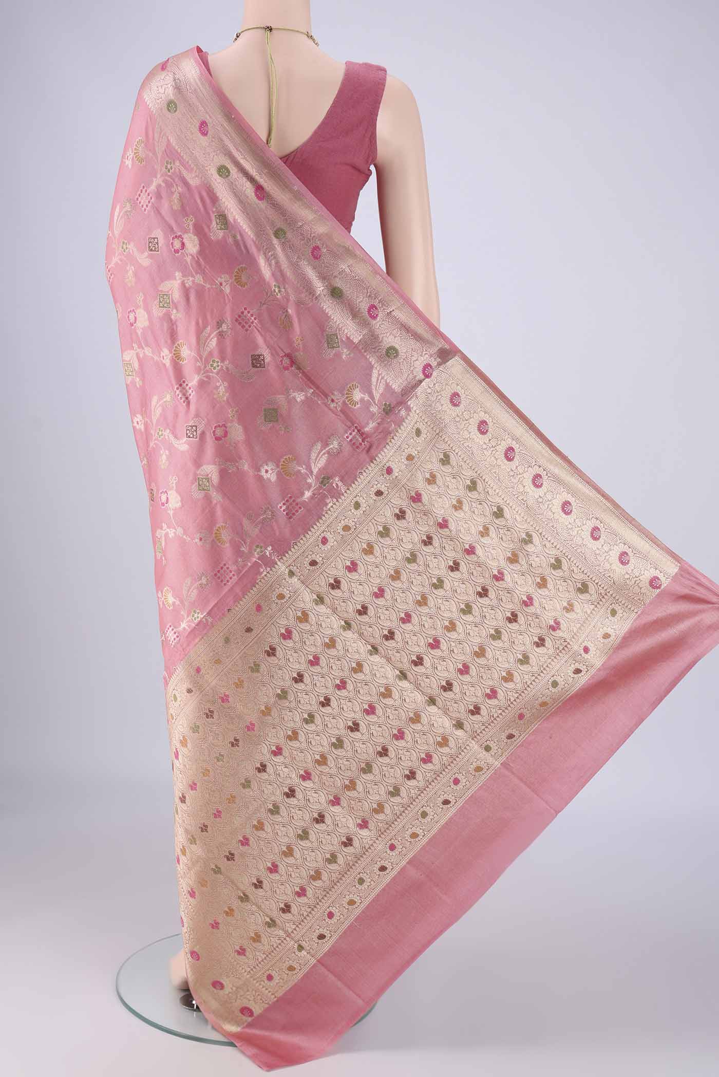 Flat view of Rose pink Banarasi Tussar Silk Saree with Zari And Thread Butta on the body and Zari Border. 