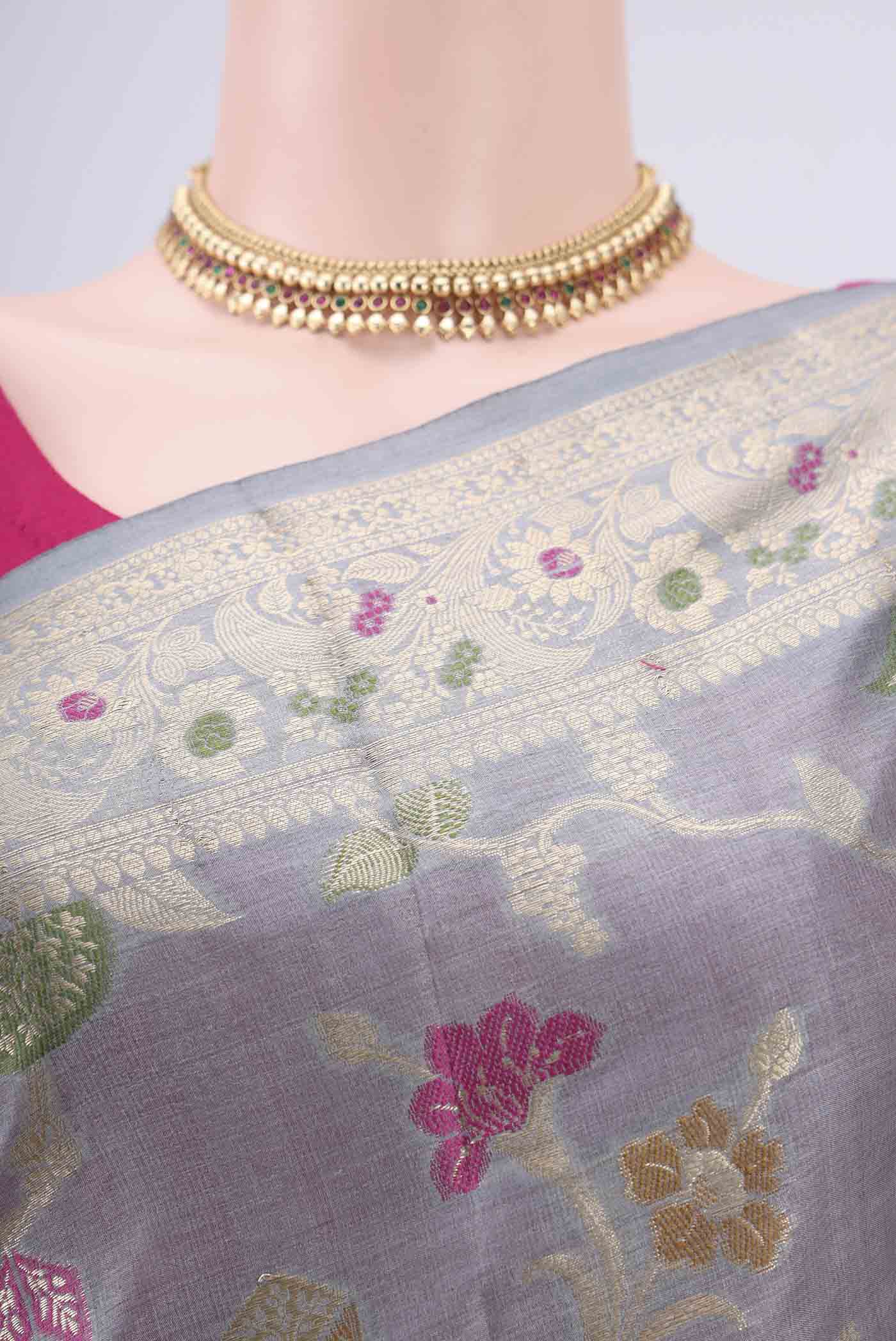 Border image of Grey Banarasi Tussar Silk Saree with Zari And Thread Butta on the body and Zari And Thread Border. 