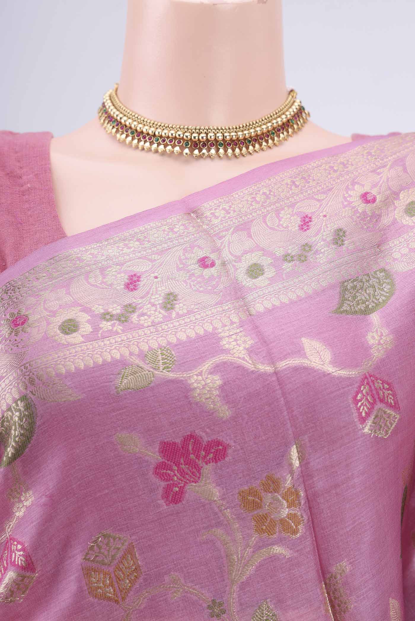 Border image of Rose pink Banarasi Tussar Silk Saree with Zari Brocade on the body and Zari And Thread Border. 