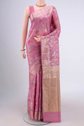 Rose pink Banarasi Tussar Silk Saree with Zari Brocade on the body and Zari And Thread Border.  displayed on a mannequin