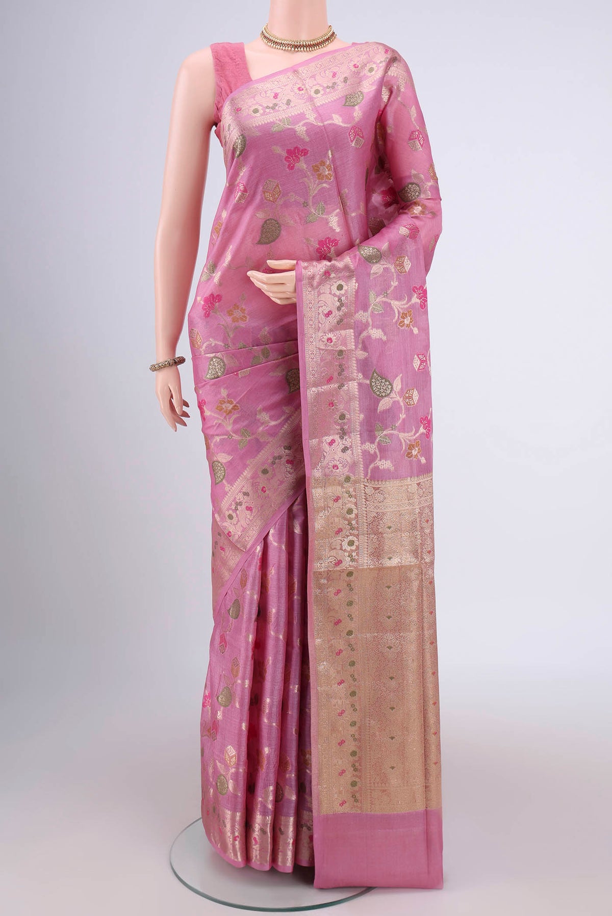 Rose pink Banarasi Tussar Silk Saree with Zari Brocade on the body and Zari And Thread Border.  displayed on a mannequin