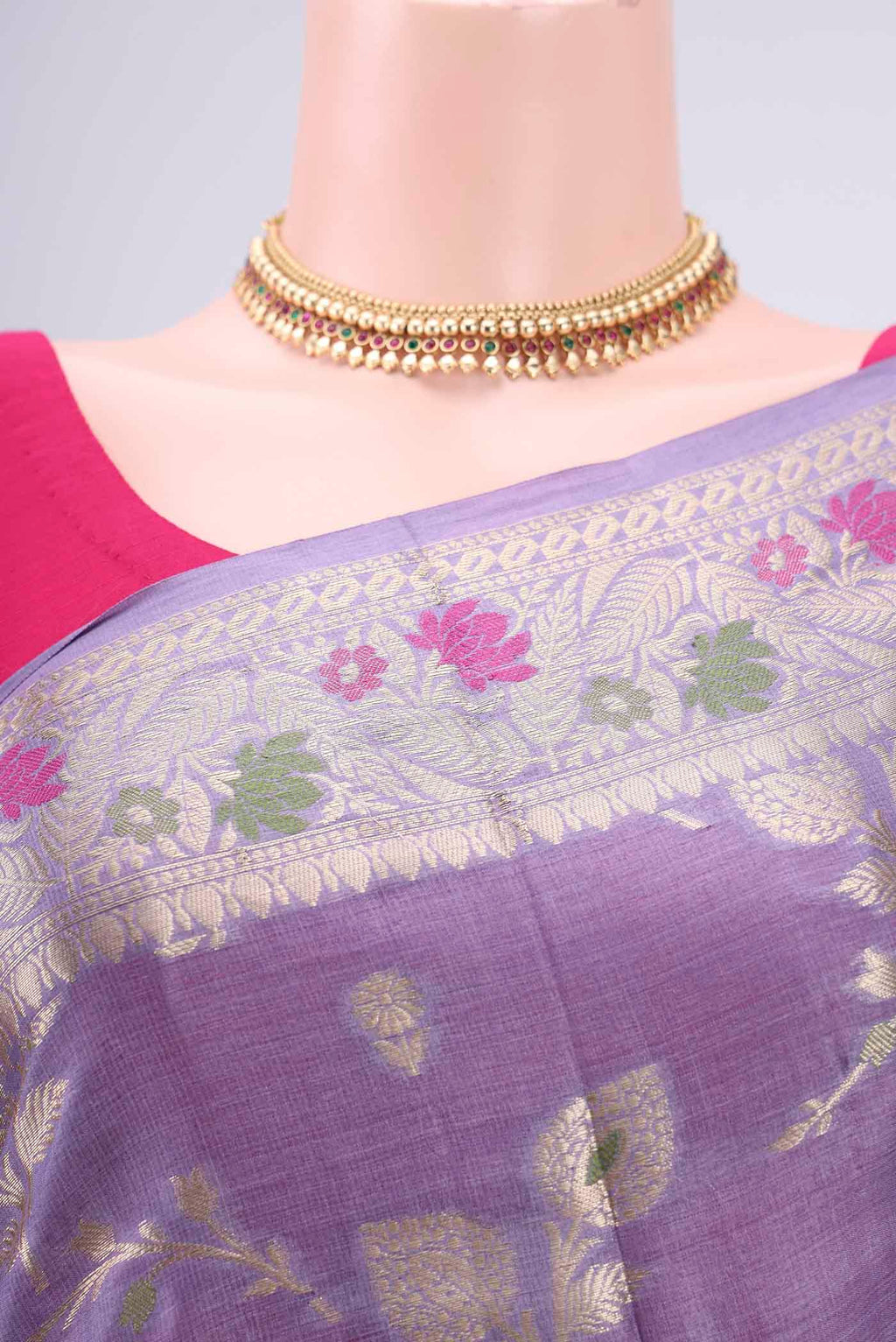 Border image of Lavender Banarasi Tussar Silk Saree with Zari Brocade on the body and Zari And Thread Border. 