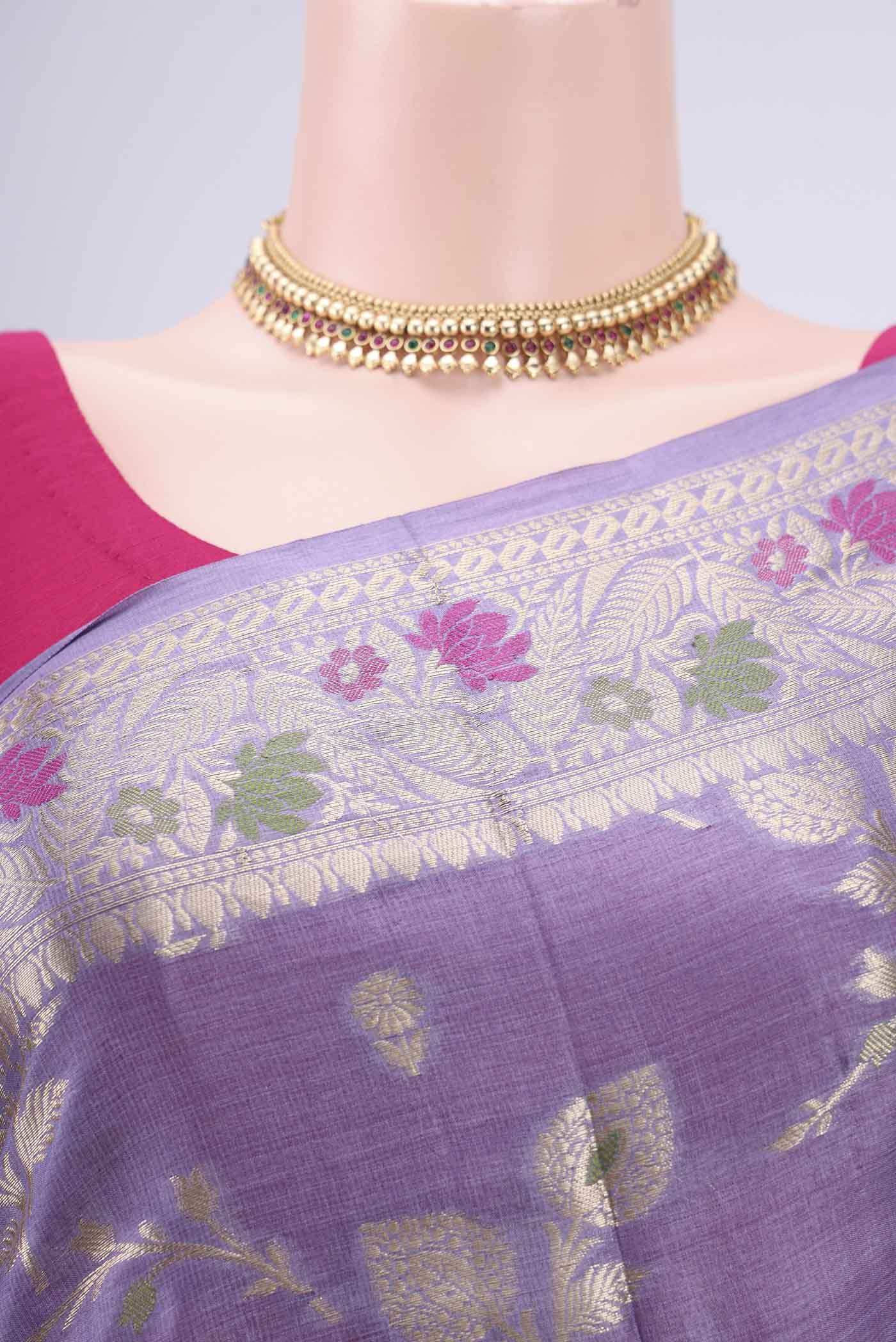 Border image of Lavender Banarasi Tussar Silk Saree with Zari Brocade on the body and Zari And Thread Border. 