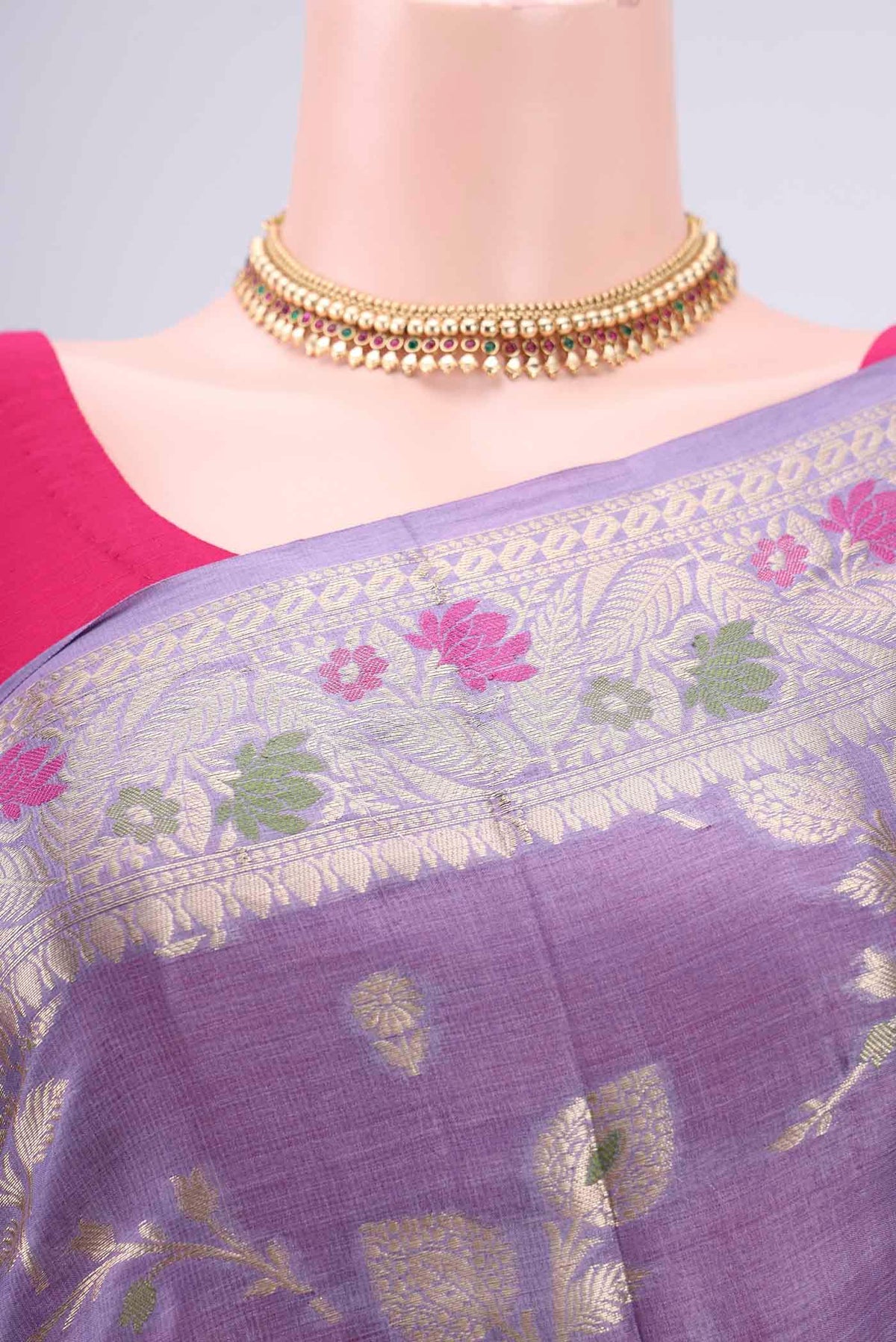 Border image of Lavender Banarasi Tussar Silk Saree with Zari Brocade on the body and Zari And Thread Border. 