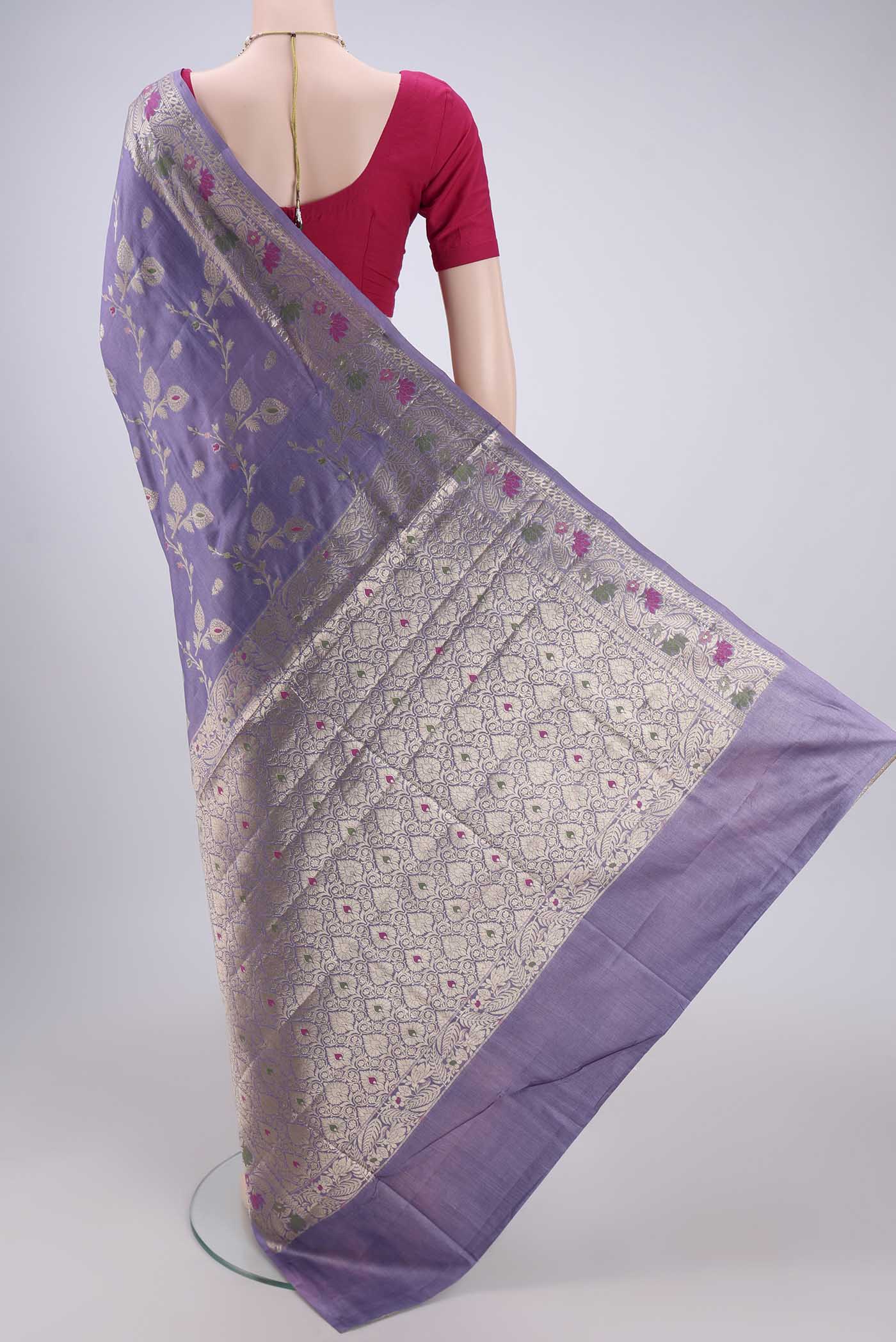 Flat view of Lavender Banarasi Tussar Silk Saree with Zari Brocade on the body and Zari And Thread Border. 