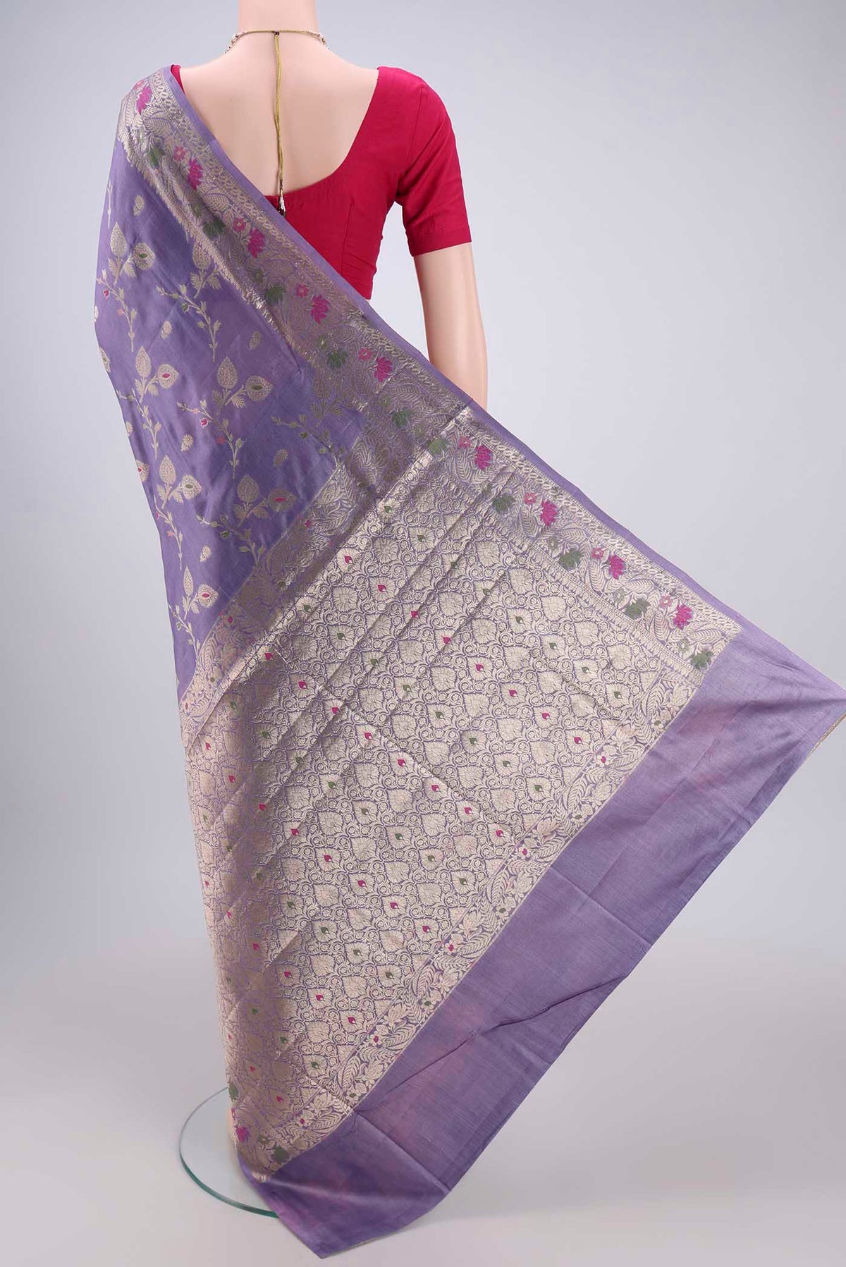 Flat view of Lavender Banarasi Tussar Silk Saree with Zari Brocade on the body and Zari And Thread Border. 