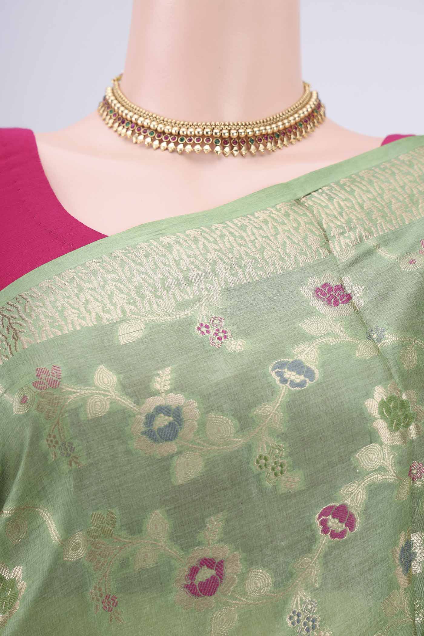 Border image of Light Green Banarasi Tussar Silk Saree with Zari Brocade on the body and Zari And Thread Border. 