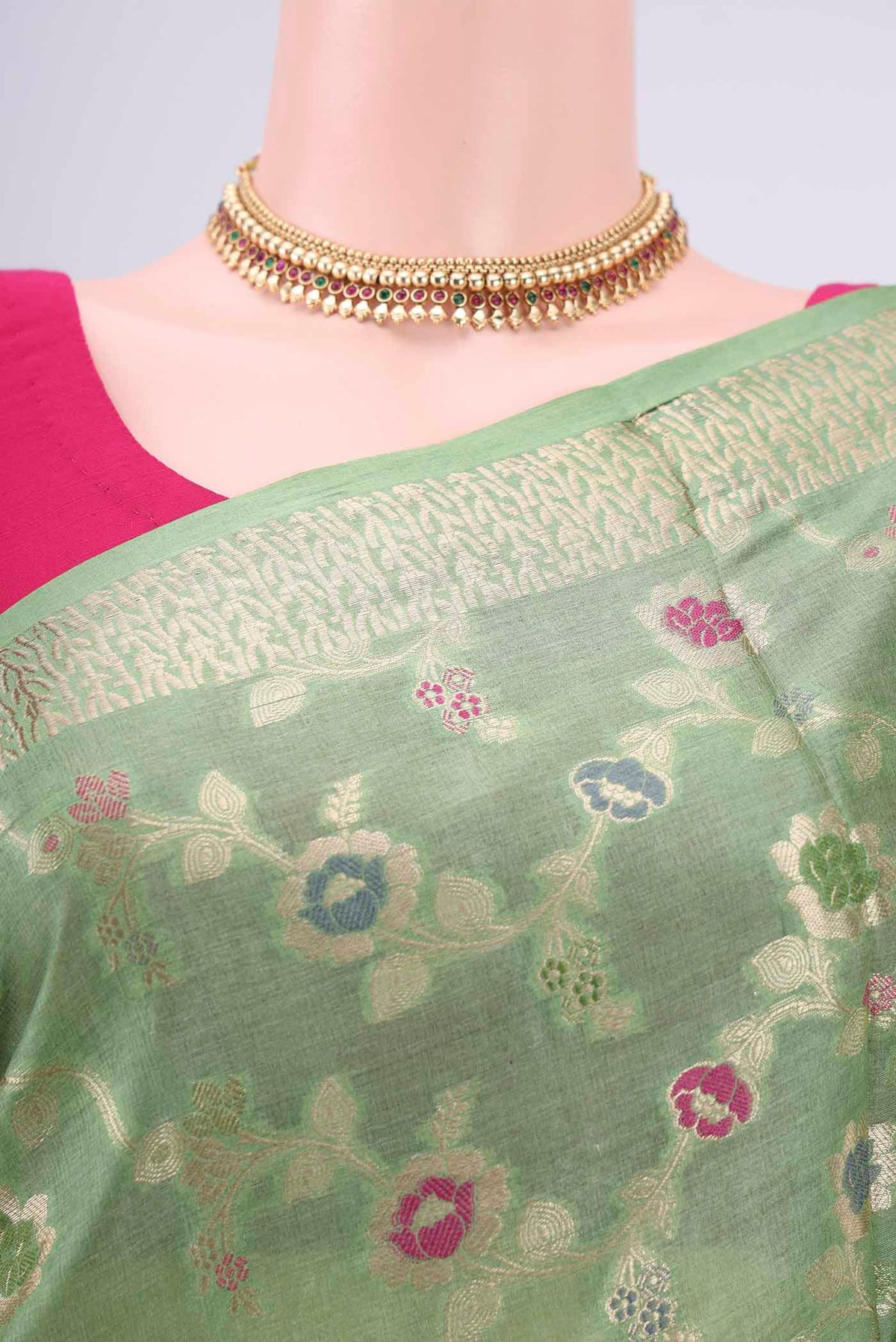 Border image of Light Green Banarasi Tussar Silk Saree with Zari Brocade on the body and Zari And Thread Border. 