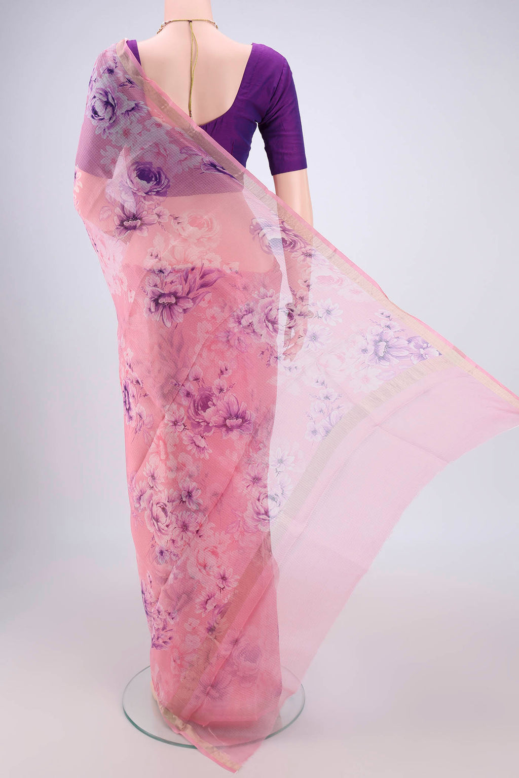 Flat view of Rose pink Kota Silk Saree with Floral Print on the body and Zari Border. 