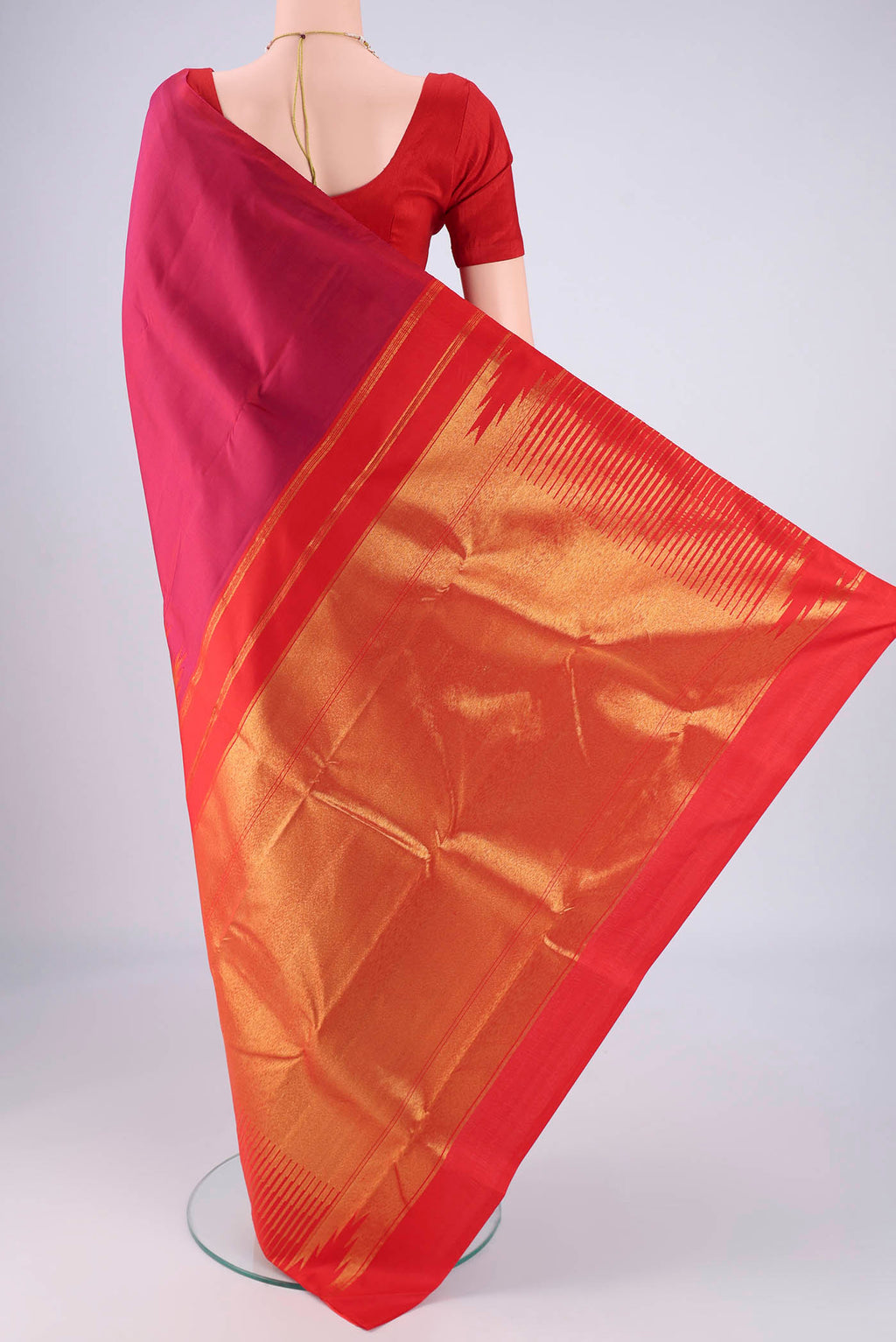 Flat view of Multi Color Kanjivaram Silk Saree with Plain Body and Rising Temple Border. 