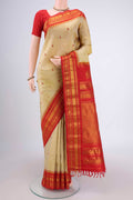 Acid Green Dual Tone Gadwal Silk Saree with Checked design on the body and Temple Border.  displayed on a mannequin