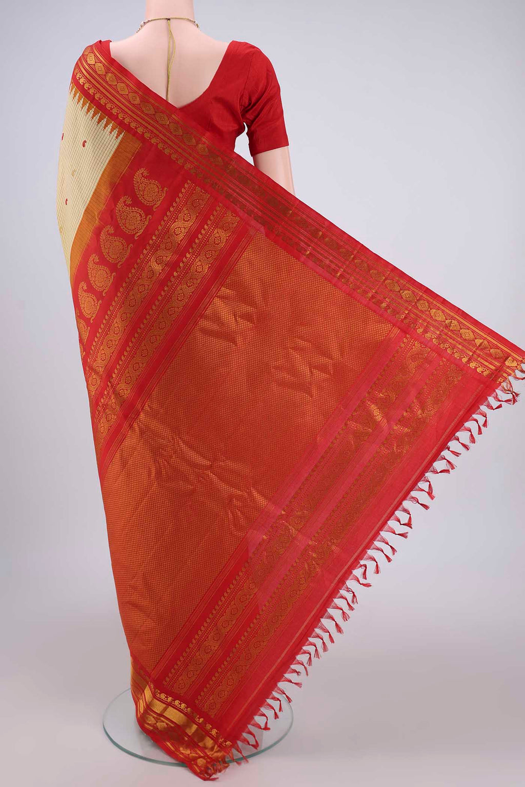 Flat view of Acid Green Dual Tone Gadwal Silk Saree with Checked design on the body and Temple Border. 