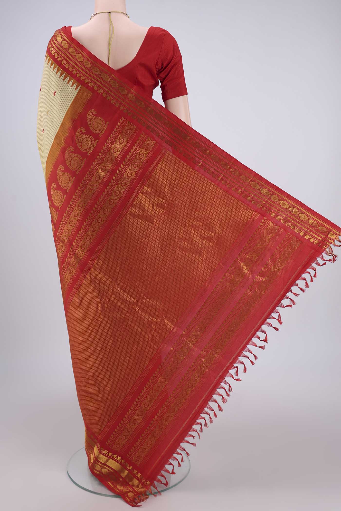 Flat view of Acid Green Dual Tone Gadwal Silk Saree with Checked design on the body and Temple Border. 