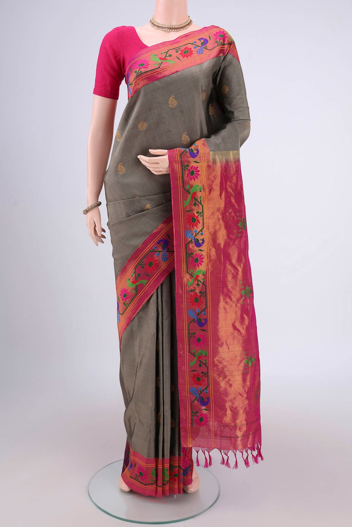 Davys Grey Gadwal Silk Saree with Zari Butta on the body and Paithani Border.  displayed on a mannequin