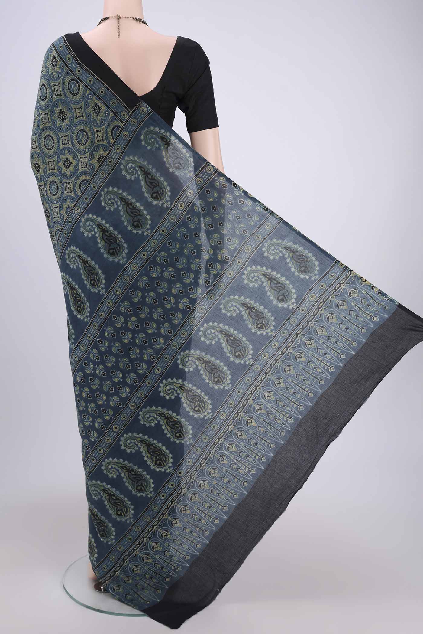 Flat view of Dark Blue Maheshwari Silk Cotton Saree with Ajrakh Print on the body and Plain Border. 