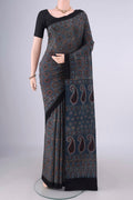 Indigo Cotton Saree with Ajrakh Print on the body and Printed Border.  displayed on a mannequin