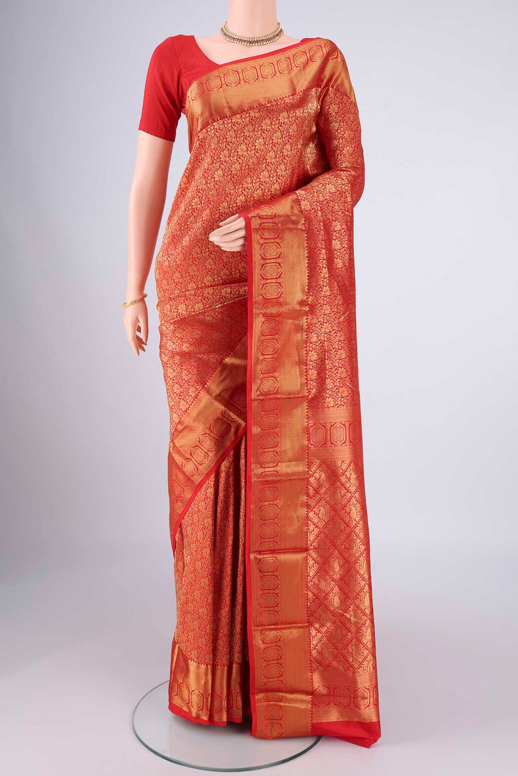 Red Bangalore Silk Saree with Zari Brocade on the body and Zari Border.  displayed on a mannequin