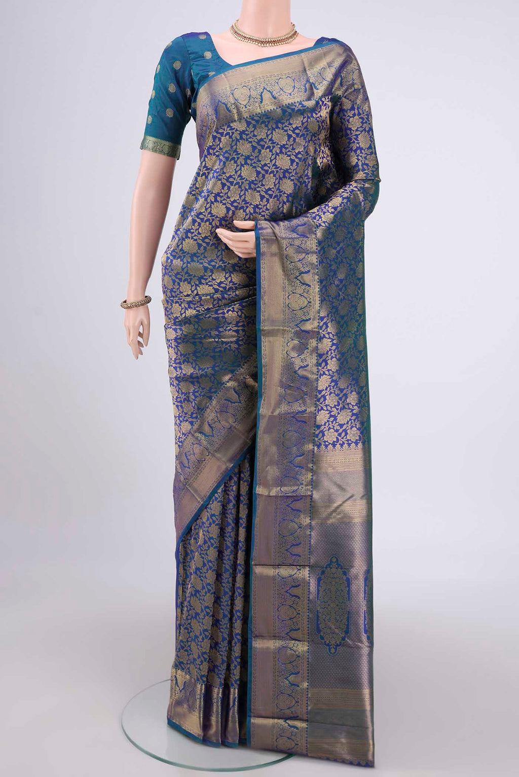 Blue Dual Tone Bangalore Silk Saree with Zari Brocade on the body and Zari Border.  displayed on a mannequin