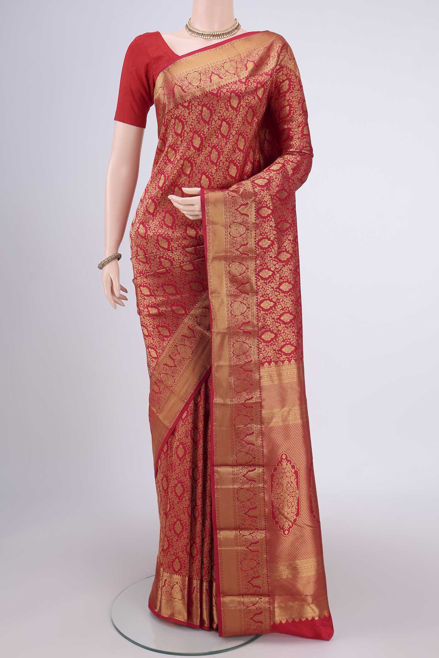 Red Bangalore Silk Saree with Zari Brocade on the body and Zari Border.  displayed on a mannequin