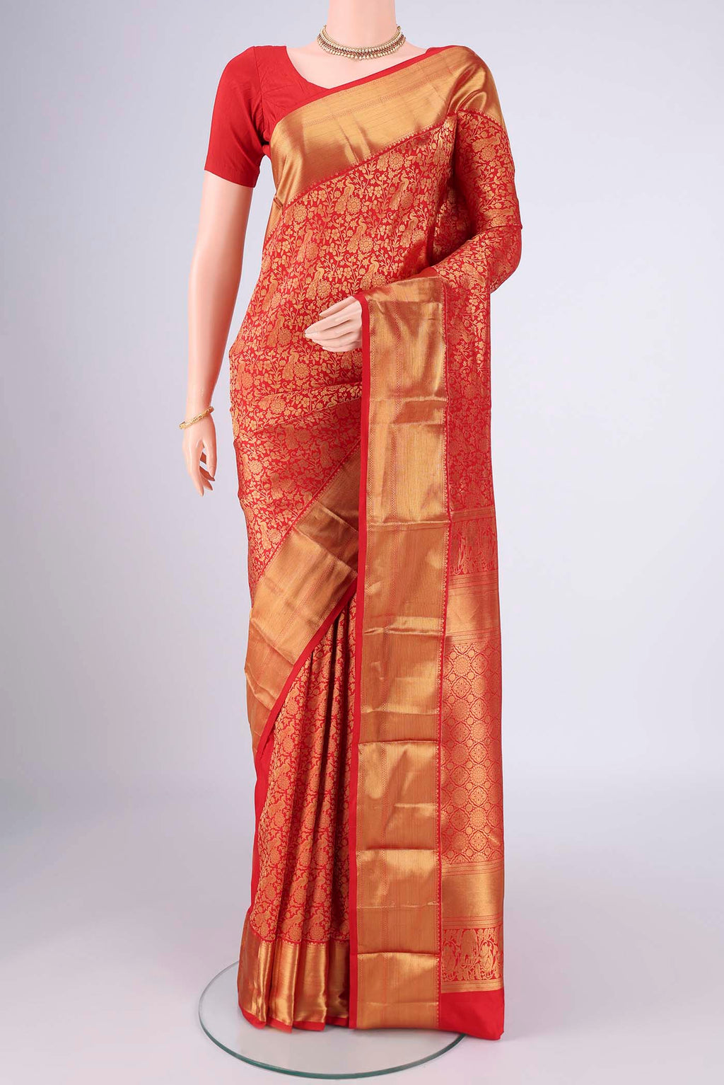 Red Bangalore Silk Saree with Zari Brocade on the body and Zari Border.  displayed on a mannequin