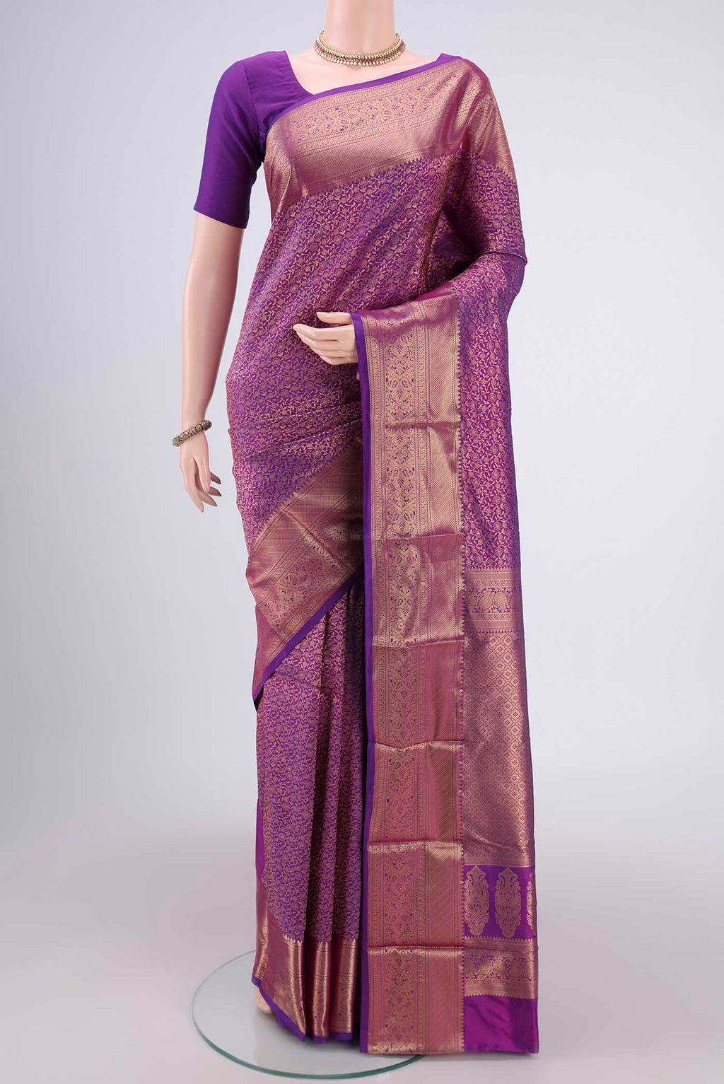 Purple Bangalore Silk Saree with Zari Brocade on the body and Zari Border.  displayed on a mannequin