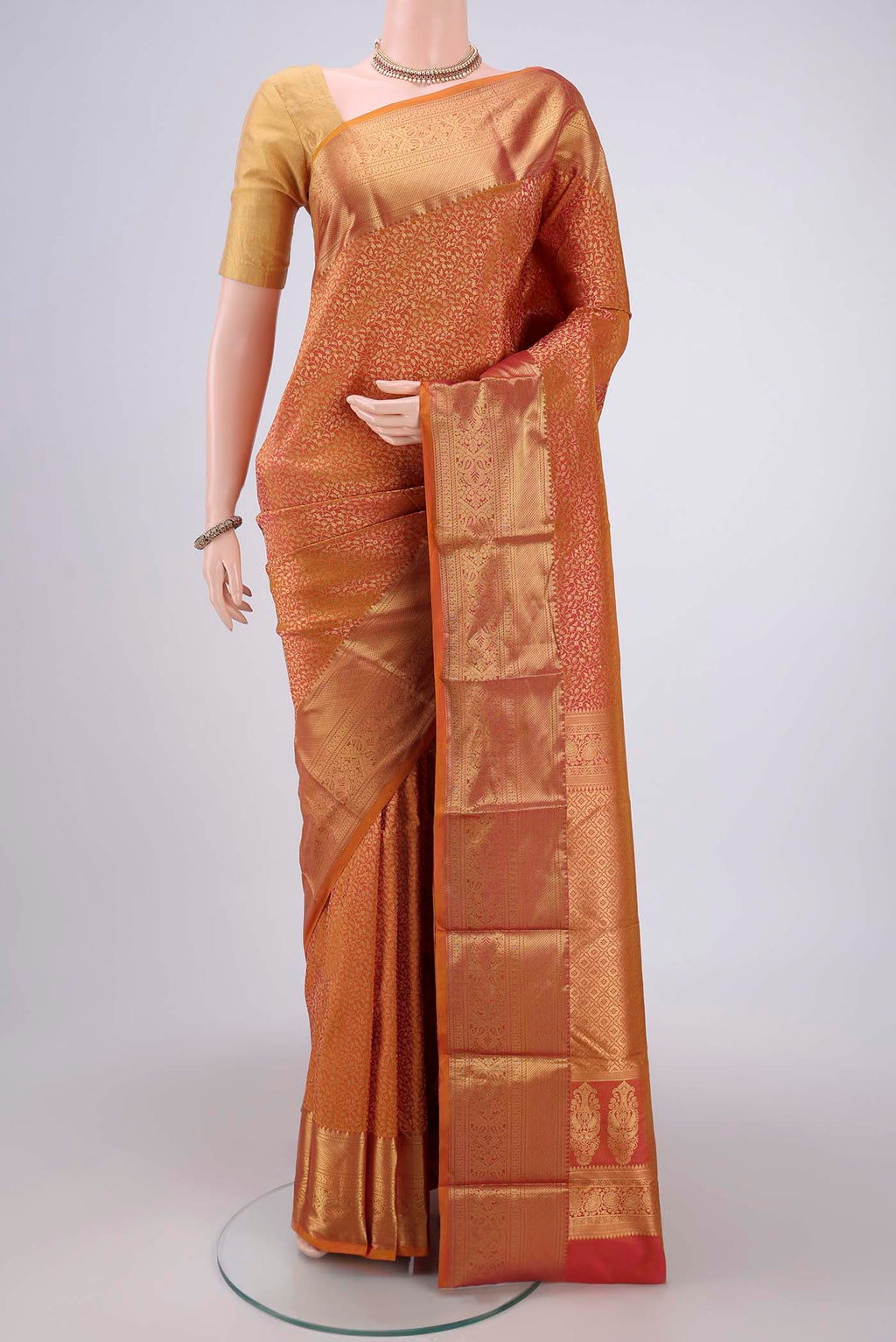 Mustard Dual Tone Bangalore Silk Saree with Zari Brocade on the body and Zari Border.  displayed on a mannequin