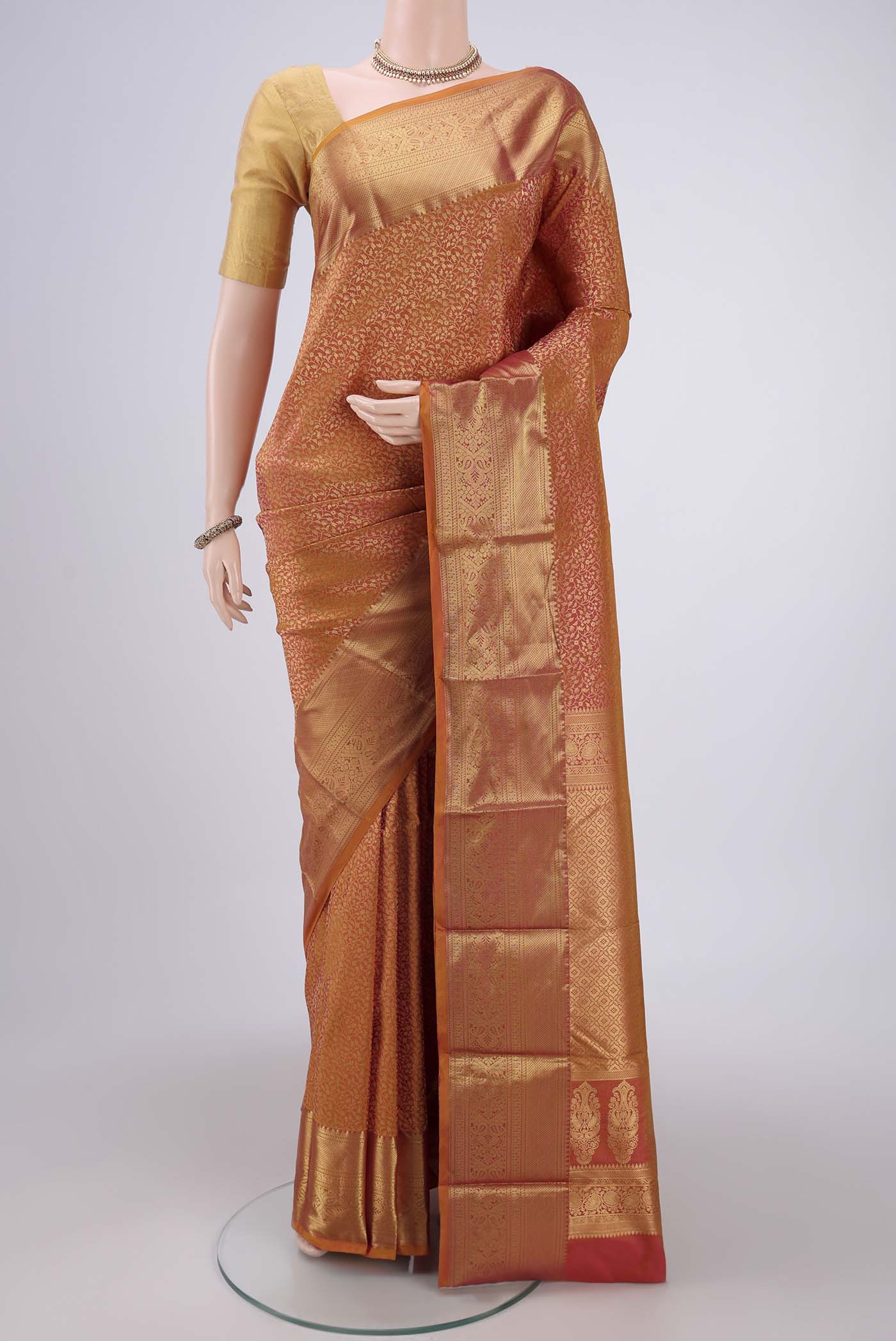 Mustard Dual Tone Bangalore Silk Saree with Zari Brocade on the body and Zari Border.  displayed on a mannequin